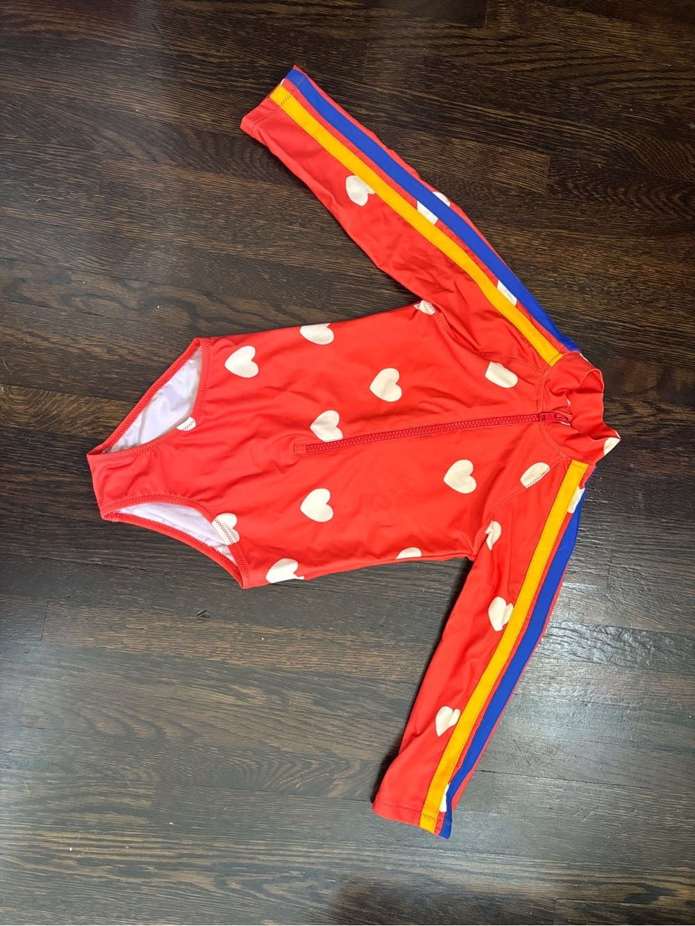 Mini Rodini Red Heart Long-Sleeve One-Piece Swimsuit with Rainbow Sleeve Stripes